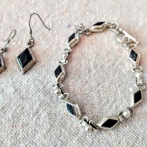 Sterling Silver Bracelet and Earrings with Black O